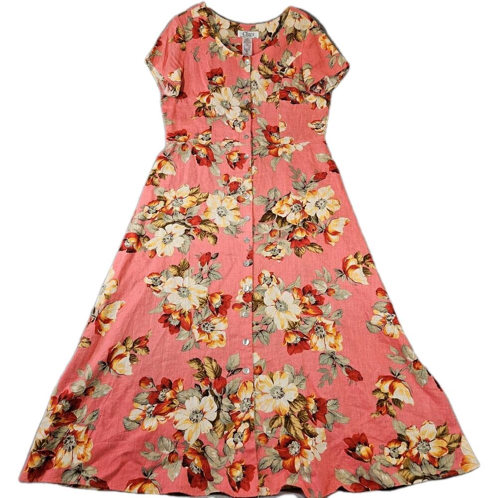 Vtg Clues Collection Dress Womens 14 Maxi Linen Blend Button Floral Cottagecore